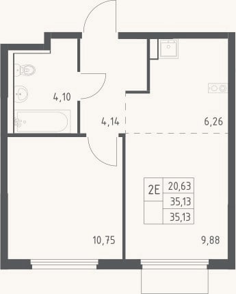 Планировка: 2-к, 35,1 м²