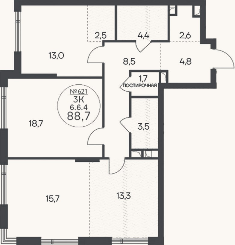Планировка: 3-к, 88,7 м²
