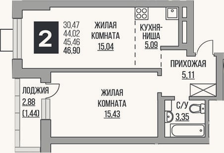 Планировка: 2-к, 44 м²