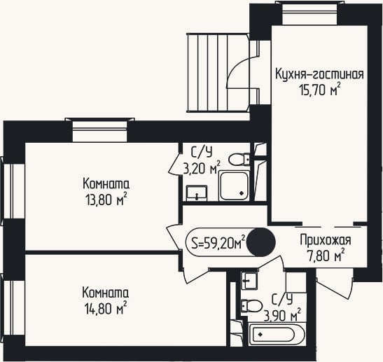 Планировка: 2-к, 59,2 м²