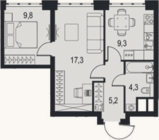 Планировка: 2-к, 45,9 м²