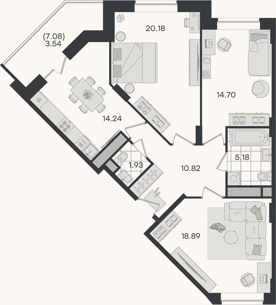Планировка: 3-к, 85,9 м²