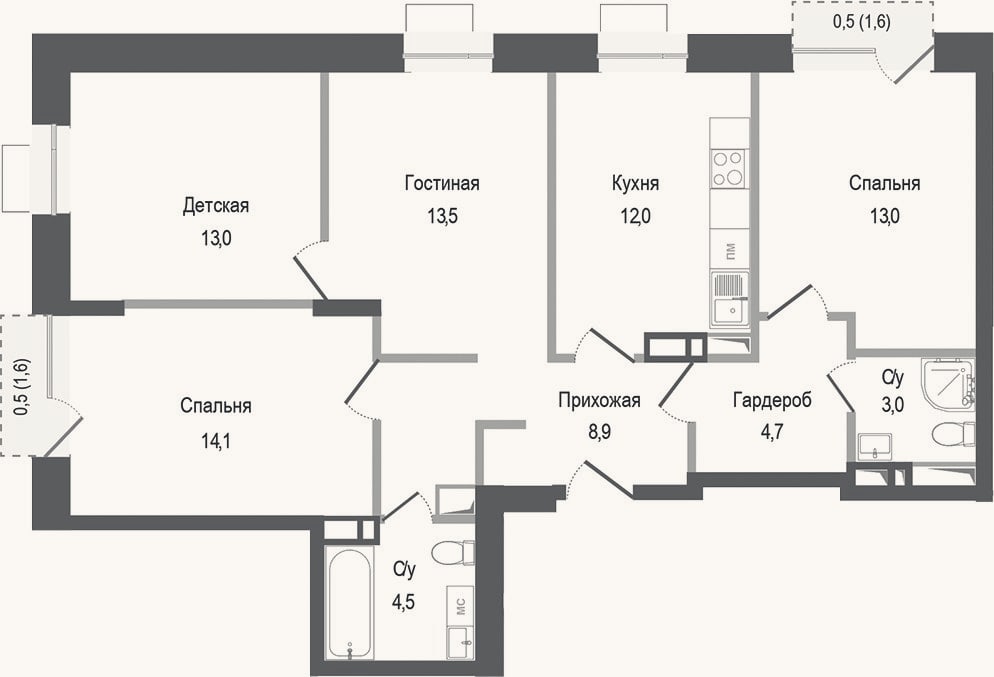 Планировка: 4+ к, 86,7 м²