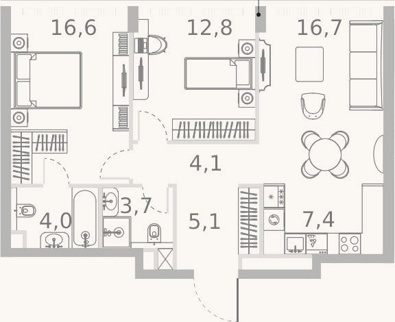 Планировка: 3-к, 70,4 м²