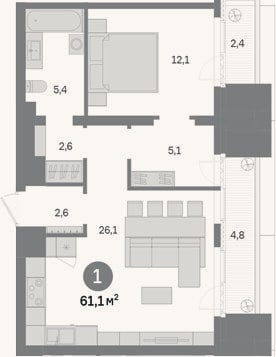 Планировка: 1-к, 53,9 м²