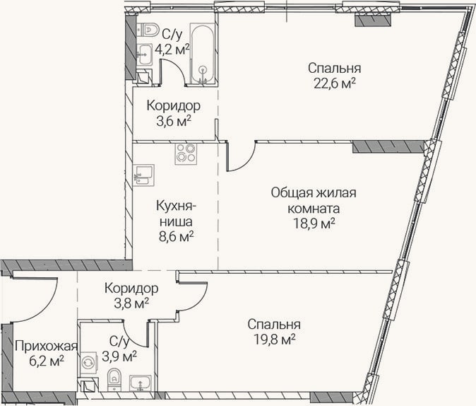 Планировка: 3-к, 91,6 м²