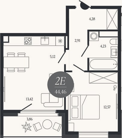 Планировка: 2-к, 42,5 м²