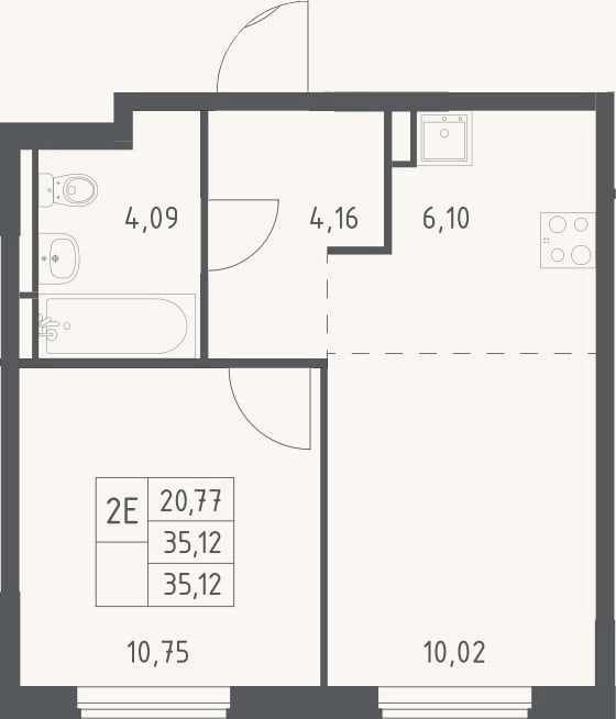 Планировка: 2-к, 35,1 м²