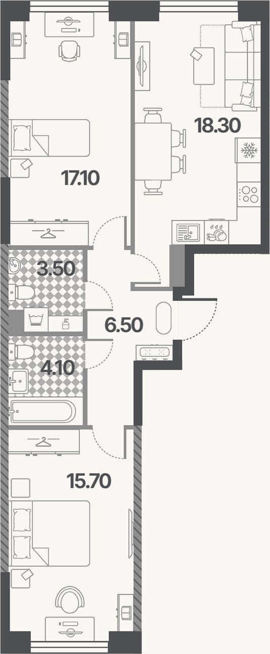 Планировка: 3-к, 65,2 м²