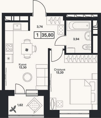 Планировка: 1-к, 34,2 м²
