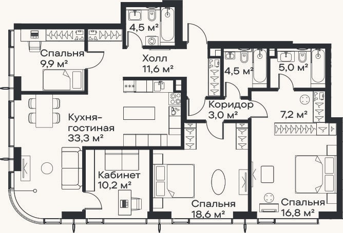 Планировка: 4+ к, 124,6 м²