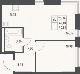 Планировка: 2-к, 40,8 м²