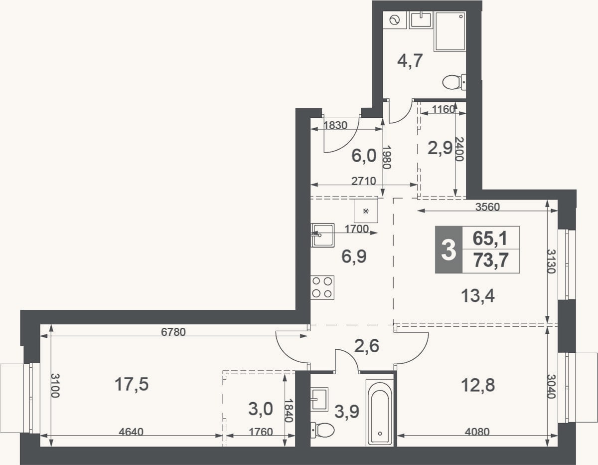 Планировка: 3-к, 73,7 м²