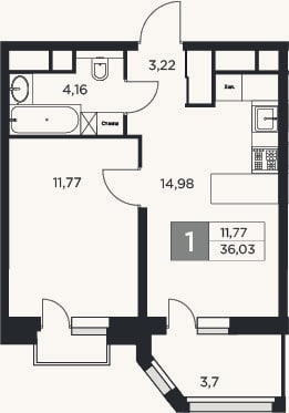 Планировка: 1-к, 34,2 м²