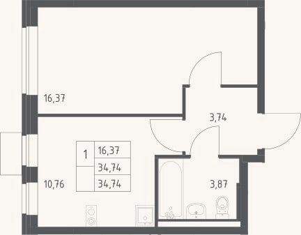 Планировка: 1-к, 34,7 м²