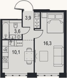 Планировка: 1-к, 33,9 м²