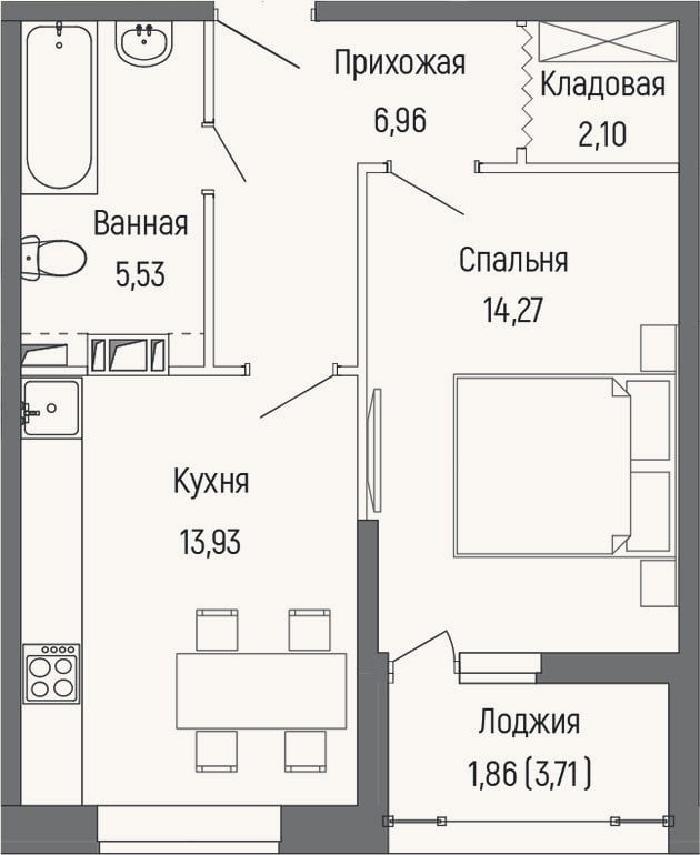 Планировка: 1-к, 42,8 м²