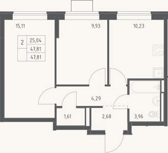 Планировка: 2-к, 47,8 м²