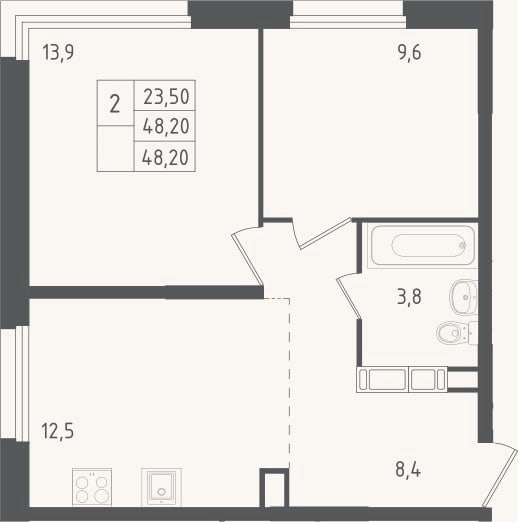 Планировка: 2-к, 48,2 м²