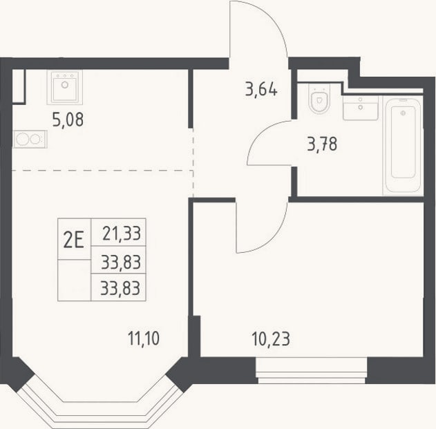 Планировка: 2-к, 33,8 м²
