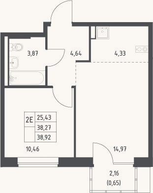 Планировка: 2-к, 38,3 м²