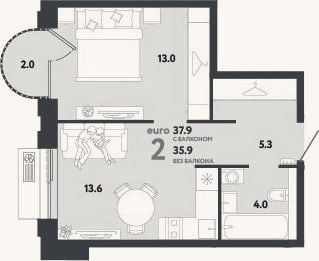 Планировка: 2-к, 35,9 м²