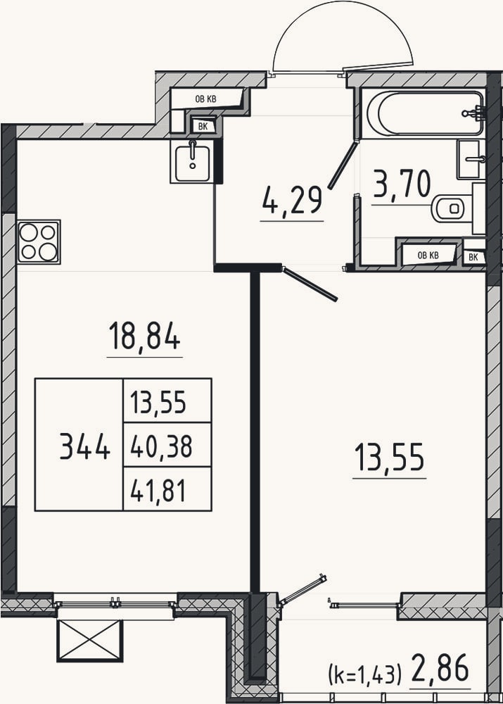 Планировка: 2-к, 40,4 м²