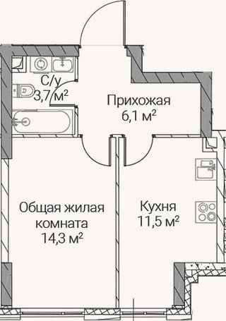 Планировка: 1-к, 35,6 м²