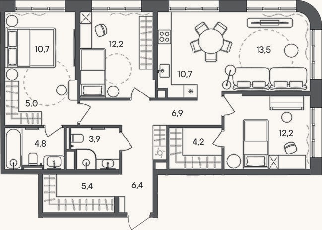 Планировка: 4+ к, 95,9 м²