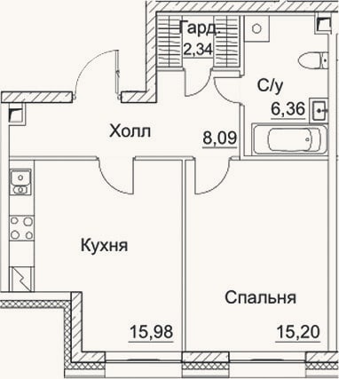 Планировка: 2-к, 48 м²