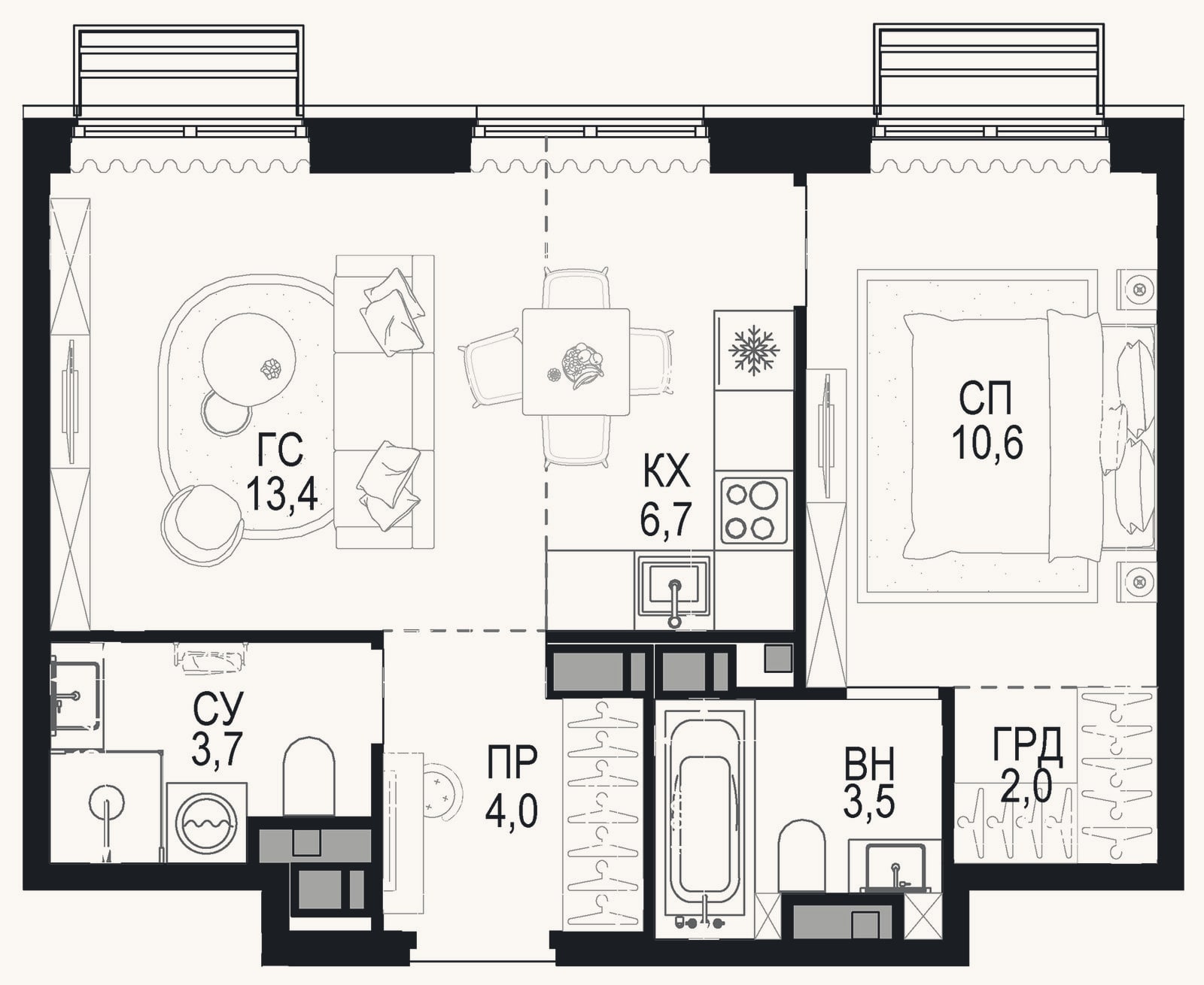 Планировка: 2-к, 43,9 м²