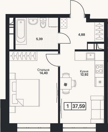 Планировка: 1-к, 37,6 м²