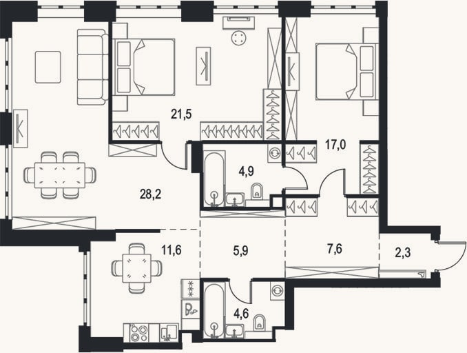 Планировка: 3-к, 103,6 м²