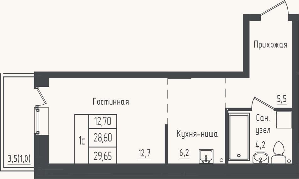 Планировка: Студия, 28,6 м²