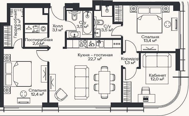 Планировка: 4+ к, 77,8 м²