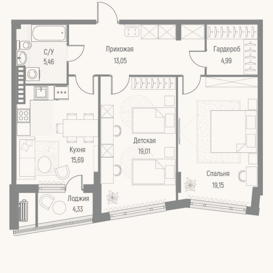 Планировка: 2-к, 77,3 м²