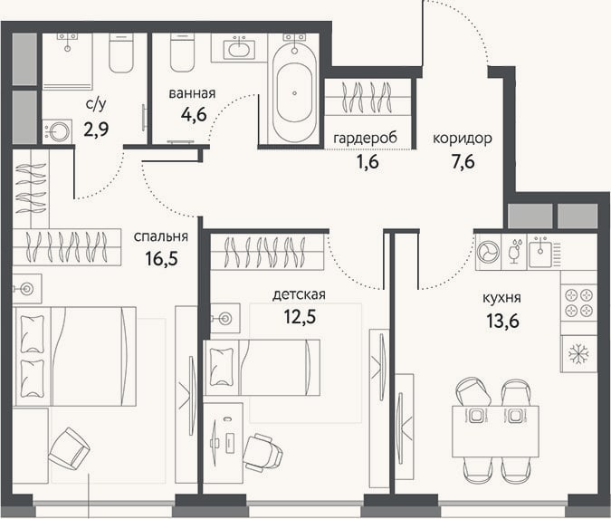 Планировка: 2-к, 59,3 м²