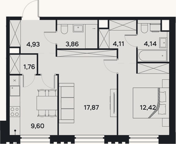 Планировка: 2-к, 58,7 м²
