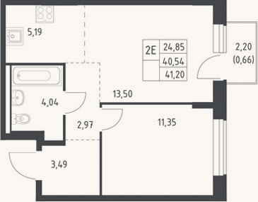 Планировка: 2-к, 40,5 м²