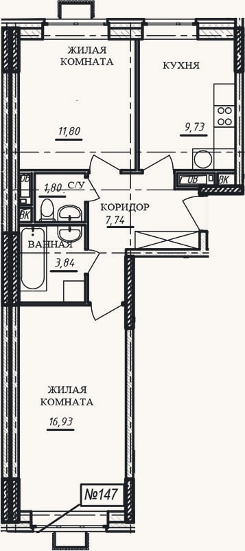 Планировка: 2-к, 51,8 м²