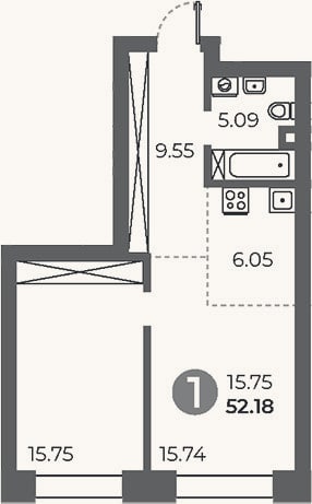 Планировка: 1-к, 52,2 м²