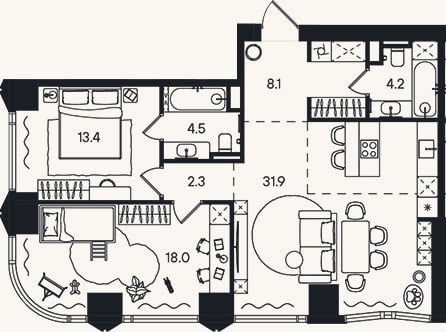 Планировка: 3-к, 82,4 м²