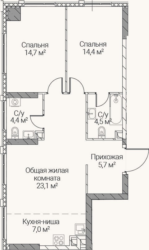 Планировка: 3-к, 73,8 м²