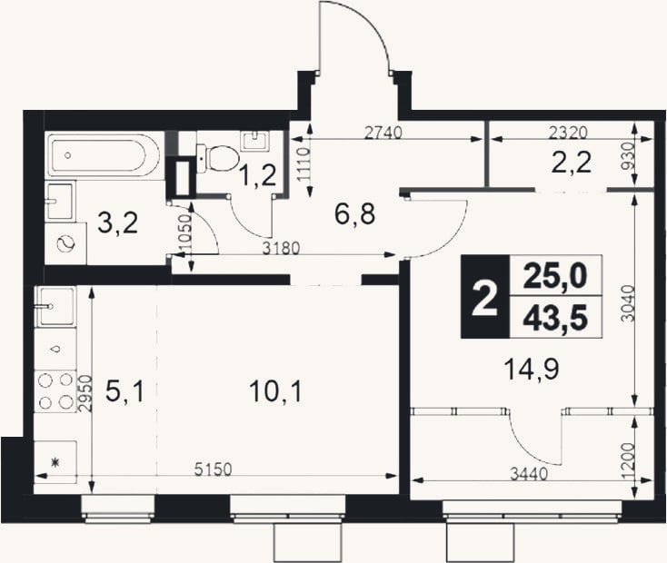 Планировка: 2-к, 43,5 м²
