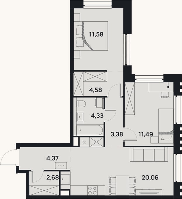 Планировка: 3-к, 62,5 м²
