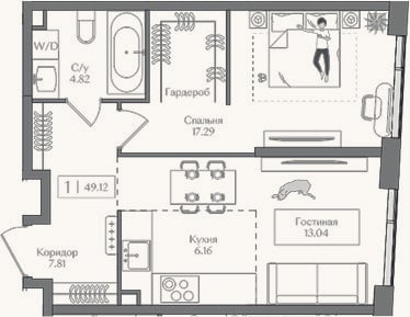 Планировка: 2-к, 49,1 м²