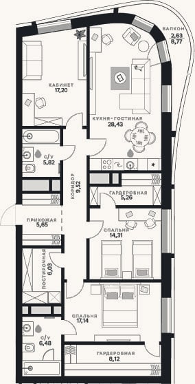 Планировка: 3-к, 124 м²