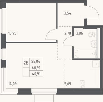 Планировка: 2-к, 40,9 м²