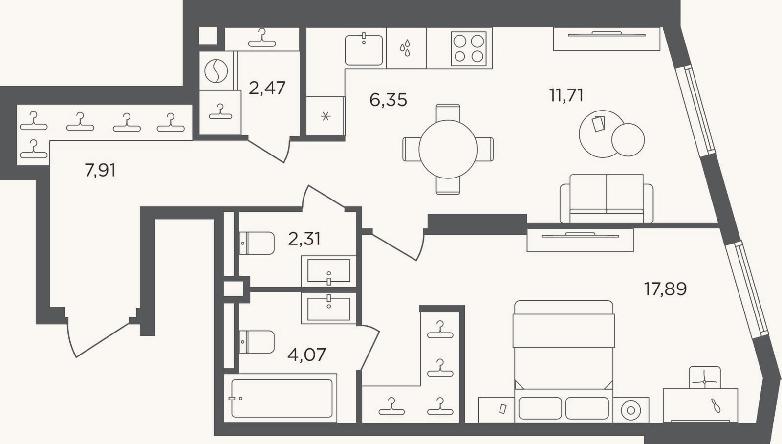 Планировка: 2-к, 52,7 м²