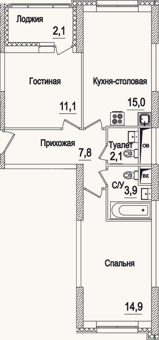 Планировка: 3-к, 55,2 м²